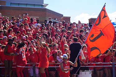 A student waving the school flag during a game. Links to What to Give